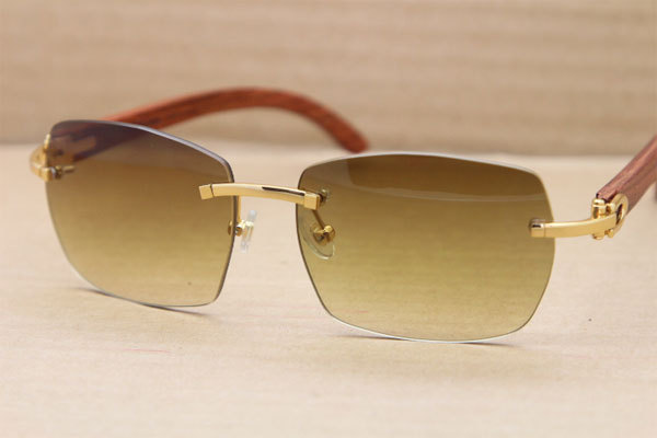 Cartier CT 8100905 Gold Brown Lens Rimless T8100904 Original Wood Sunglasses