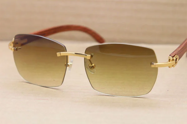 Cartier CT 8100905 Gold Brown Lens Rimless T8100904 Original Wood Sunglasses