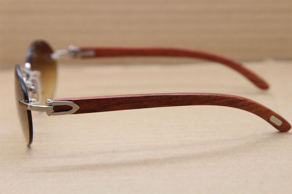 Cartier CT 5124018 18K Gold Rimless Carved Wood Trimming Lens Sun Glasses Wood Sunglasses in Gold Brown Lens Hot