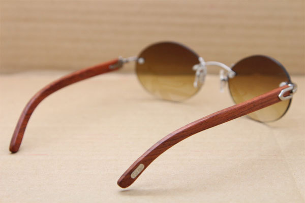 Cartier CT 5124018 18K Gold Rimless Carved Wood Trimming Lens Sun Glasses Wood Sunglasses in Gold Brown Lens Hot