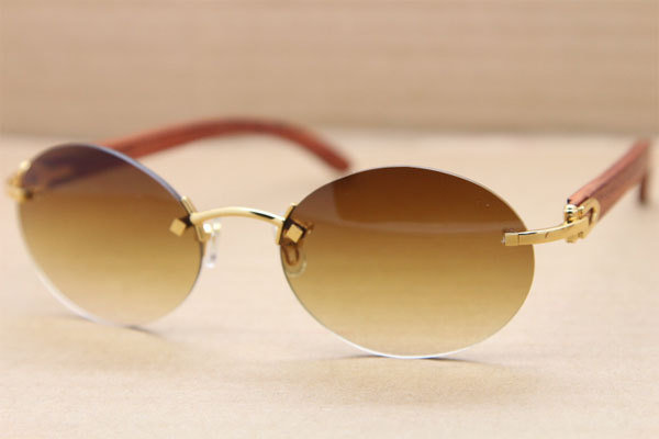 Cartier CT 5124018 18K Gold Rimless Carved Wood Trimming Lens Sun Glasses Wood Sunglasses in Gold Brown Lens Hot