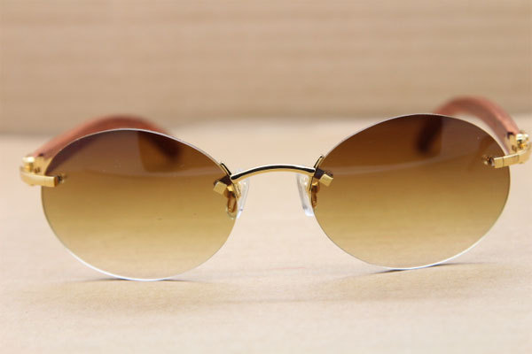 Cartier CT 5124018 18K Gold Rimless Carved Wood Trimming Lens Sun Glasses Wood Sunglasses in Gold Brown Lens Hot
