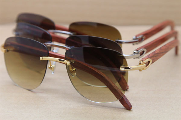 Cartier Rimless T8300680 Original Wood Sunglasses in Gold Brown Lens