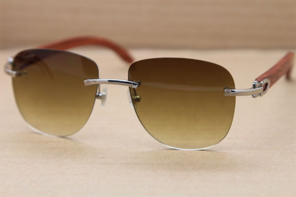 Cartier Rimless T8300680 Original Wood Sunglasses in Gold Brown Lens