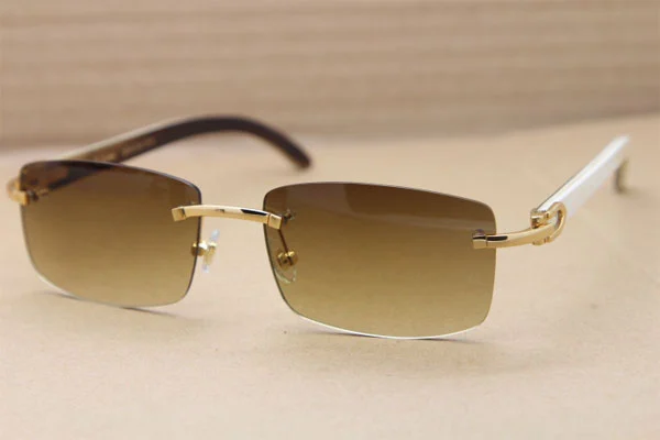 Hot Cartier CT 8200757 Rimless Sun Glasses Original White Inside Black Buffalo Horn Sunglasses 8200758 Gold Brown Lens