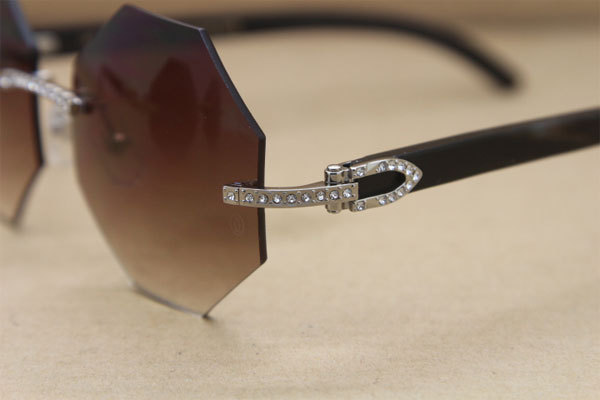 Cartier Rimless Smaller Big Stones 4189706 Black Buffalo Horn Sunglasses in Silver Brown Lens