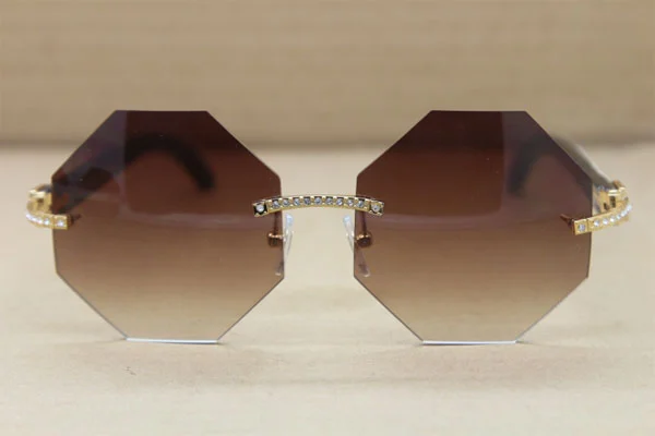 Cartier Rimless Smaller Big Stones 4189706 White Black Buffalo Horn Sunglasses in Gold Brown Lens