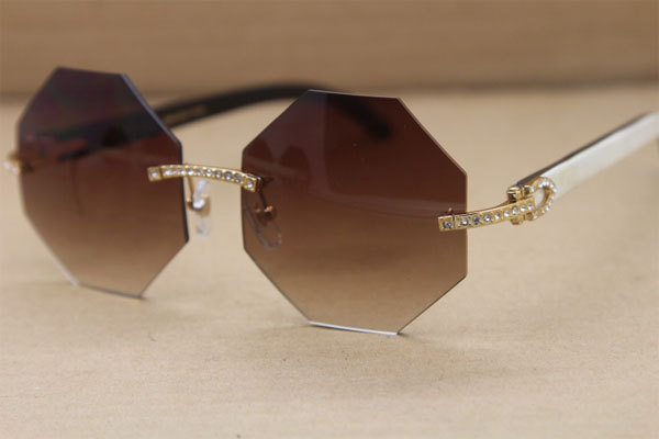 Cartier Rimless Smaller Big Stones 4189706 White Black Buffalo Horn Sunglasses in Gold Brown Lens