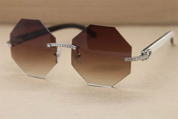 Cartier Rimless Smaller Big Stones 4189706 White Black Buffalo Horn Sunglasses in Gold Brown Lens