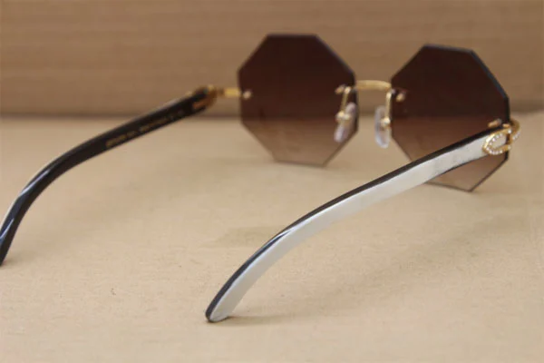 Cartier Rimless Smaller Big Stones 4189706 White Black Buffalo Horn Sunglasses in Gold Brown Lens