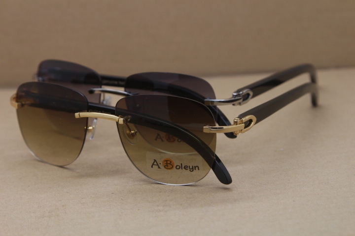 Cartier Rimless Sunglasses T8300680 Original Black Buffalo Horn Sunglasses in Gold Brown Lens