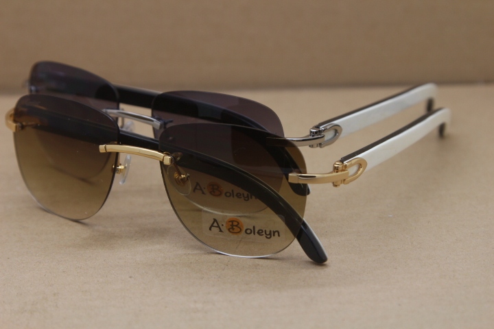 Cartier Rimless Sunglasses T8300680 Original Black Mix White Buffalo Horn Sunglasses in Gold Brown Lens