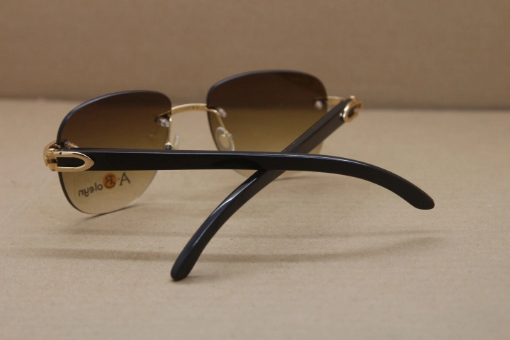 Cartier Rimless Sunglasses T8300680 Original Black Buffalo Horn Sunglasses in Gold Brown Lens