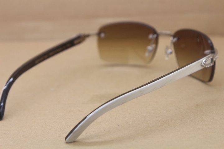 Cartier Rimless Smaller Big Stones T8200497 Black Mix WHite Buffalo Horn Sunglasses in Silver Brown Lens