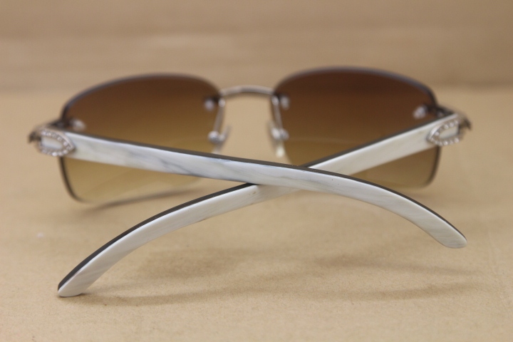 Cartier Rimless Smaller Big Stones T8200497 Black Mix WHite Buffalo Horn Sunglasses in Silver Brown Lens