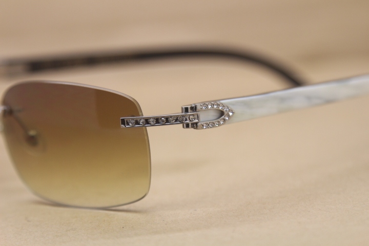 Cartier Rimless Smaller Big Stones T8200497 Black Mix WHite Buffalo Horn Sunglasses in Silver Brown Lens