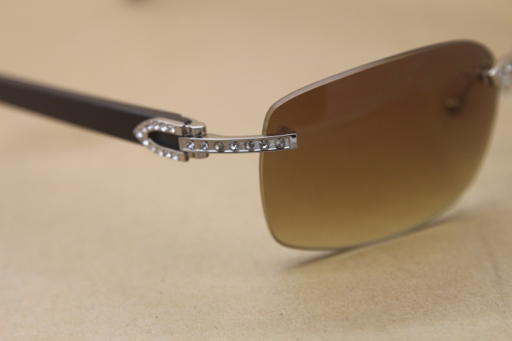 Cartier Rimless Smaller Big Stones T8200497 Black Buffalo Horn Sunglasses in Silver Brown Lens