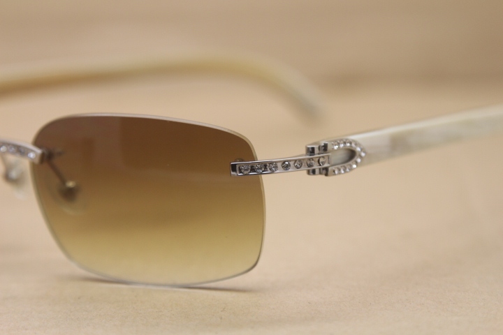 Cartier Rimless Smaller Big Stones T8200497 White Buffalo Horn Sunglasses in Silver Brown Lens