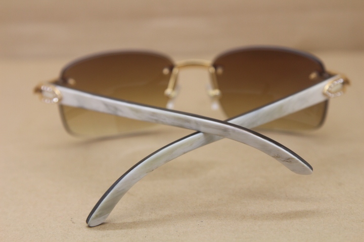 Cartier Rimless Smaller Big Stones T8200497 Black Mix WHite Buffalo Horn Sunglasses in Silver Brown Lens