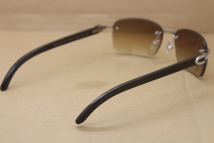 Cartier Rimless Smaller Big Stones T8200497 Black Buffalo Horn Sunglasses in Silver Brown Lens