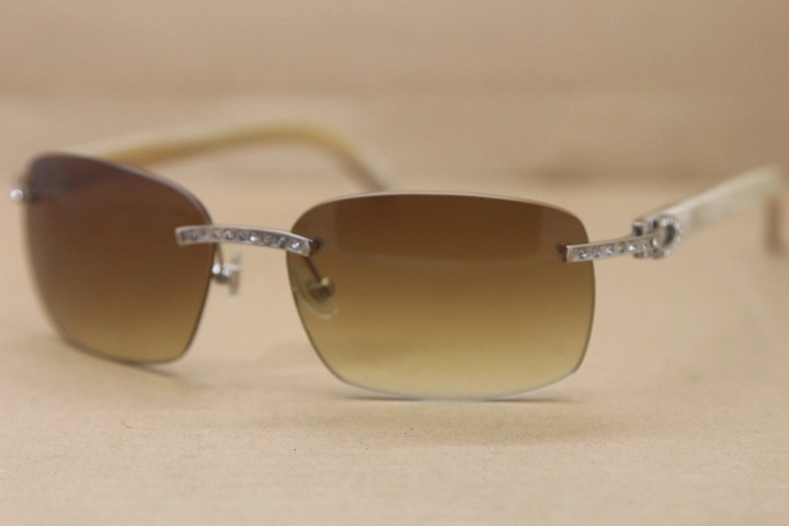 Cartier Rimless Smaller Big Stones T8200497 White Buffalo Horn Sunglasses in Silver Brown Lens