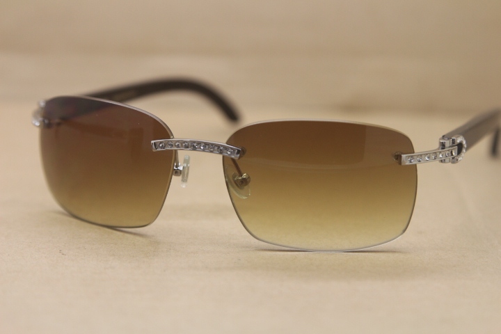 Cartier Rimless Smaller Big Stones T8200497 Black Buffalo Horn Sunglasses in Silver Brown Lens