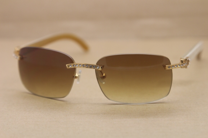 Cartier Rimless Smaller Big Stones T8200497 White Buffalo Horn Sunglasses in Silver Brown Lens