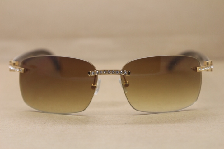 Cartier Rimless Smaller Big Stones T8200497 Black Mix WHite Buffalo Horn Sunglasses in Silver Brown Lens