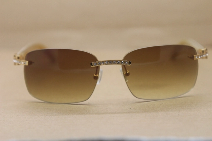 Cartier Rimless Smaller Big Stones T8200497 White Buffalo Horn Sunglasses in Silver Brown Lens