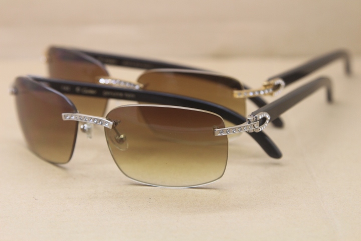 Cartier Rimless Smaller Big Stones T8200497 Black Buffalo Horn Sunglasses in Silver Brown Lens