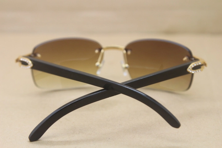 Cartier Rimless Smaller Big Stones T8200497 Black Buffalo Horn Sunglasses in Silver Brown Lens