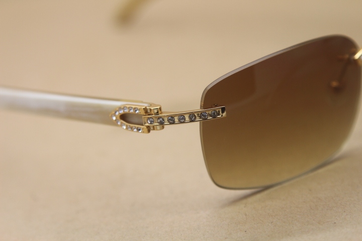 Cartier Rimless Smaller Big Stones T8200497 White Buffalo Horn Sunglasses in Silver Brown Lens