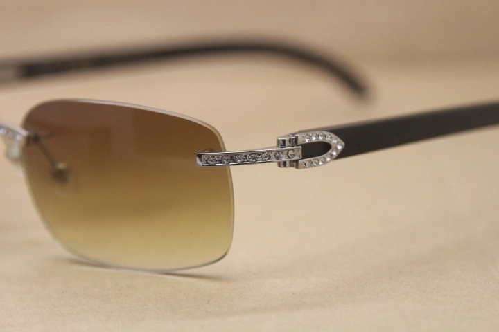 Cartier Rimless Smaller Big Stones T8200497 Black Buffalo Horn Sunglasses in Silver Brown Lens