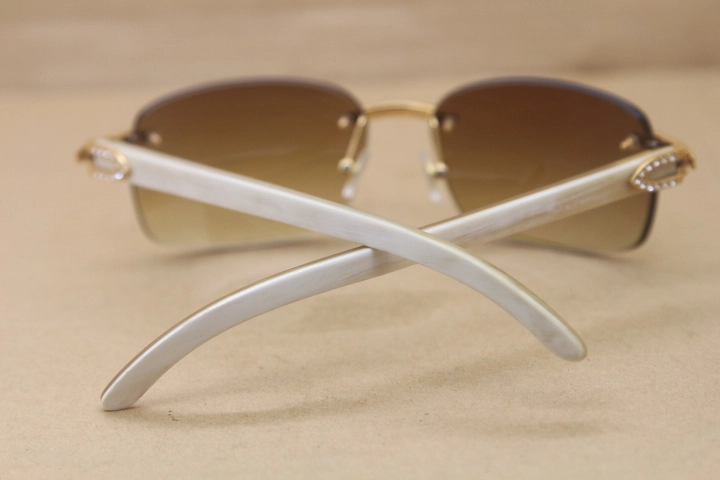 Cartier Rimless Smaller Big Stones T8200497 White Buffalo Horn Sunglasses in Silver Brown Lens