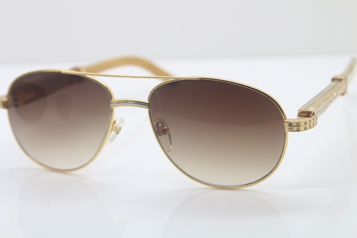 Cartier CT Diamond 569 White Genuine Natural Original Buffalo horn Sunglasses Gold Dark Lens