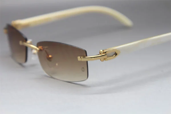 Cartier CT White Genuine Natural Rimless Sunglasses Gold Brown Lens Size：54