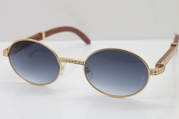 New Decor Wood frame 7550178 Wood 18K Gold Sunglasses Round Sunglasses Men Brand Smaller/Big Stones Glasses in Gold Brown Lens