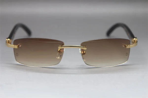 Cartier CT Black Buffalo Horn Rimless Sunglasses Gold Brown Lens Size：54