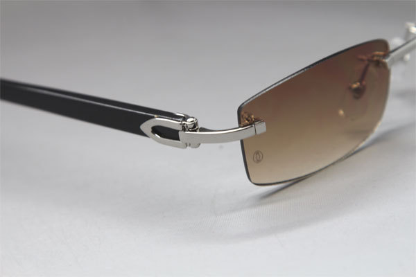 Cartier CT Black Buffalo Horn Rimless Sunglasses Gold Brown Lens Size：54