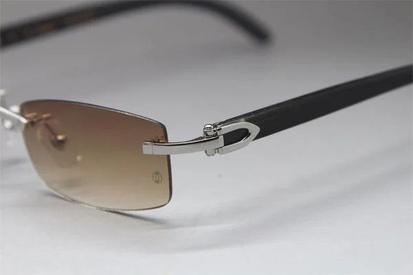 Cartier CT Black Buffalo Horn Rimless Sunglasses Gold Brown Lens Size：54