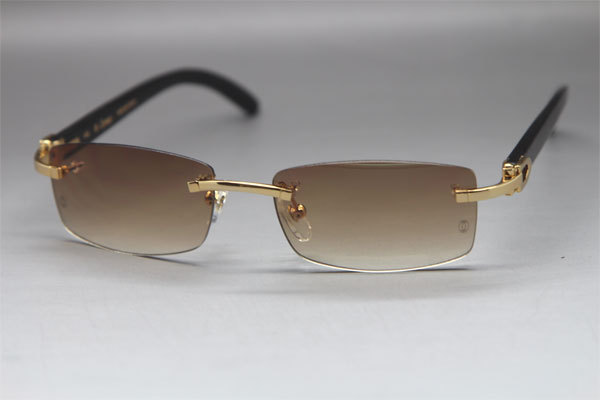 Cartier CT Black Buffalo Horn Rimless Sunglasses Gold Brown Lens Size：54