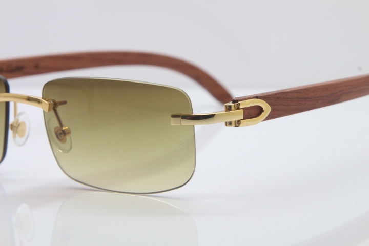 Wholesale High-end brand Cartier 3524012 Rimless Wood Sunglasses Carved Wood Trimming Lens in Gold Brown Lens Hot Size：56