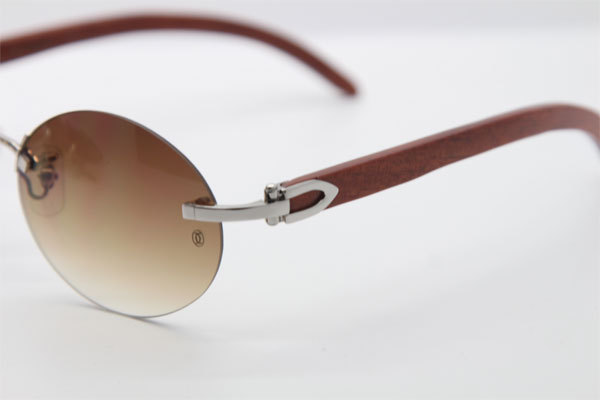 Cartier CT 5124018 18K Gold Rimless Carved Wood Trimming Lens Sun Glasses Wood Sunglasses in Gold Brown Lens Hot