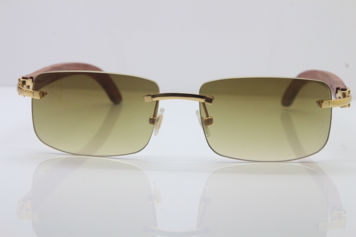 Wholesale High-end brand Cartier 3524012 Rimless Wood Sunglasses Carved Wood Trimming Lens in Gold Brown Lens Hot Size：56