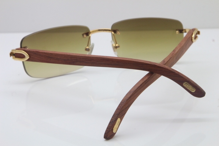 Wholesale High-end brand Cartier 3524012 Rimless Wood Sunglasses Carved Wood Trimming Lens in Gold Brown Lens Hot Size：56