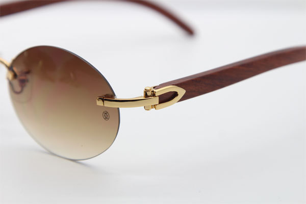 Cartier CT 5124018 18K Gold Rimless Carved Wood Trimming Lens Sun Glasses Wood Sunglasses in Gold Brown Lens Hot