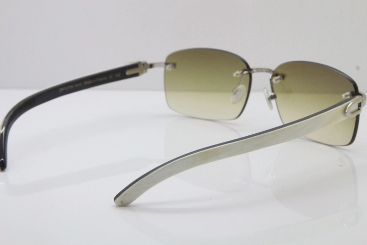 Cartier Rimless 8200759 Original White Inside Black Buffalo Horn Sunglasses in Gold Brown Lens