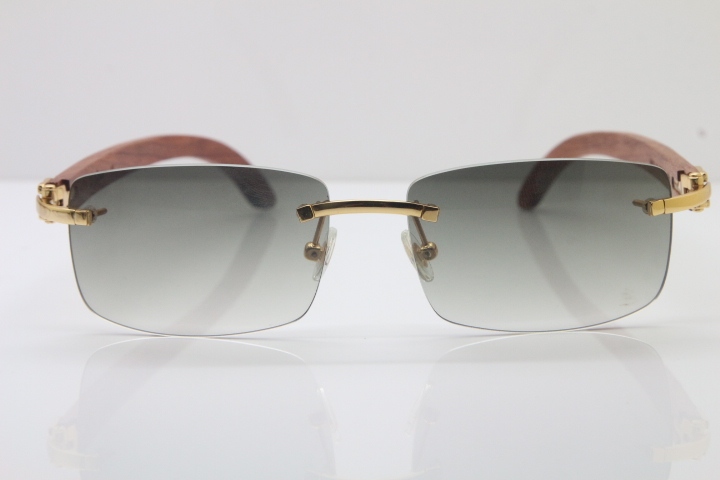 Wholesale High-end brand Cartier 3524012 Rimless Wood Sunglasses Carved Wood Trimming Lens in Gold Brown Lens Hot Size：56