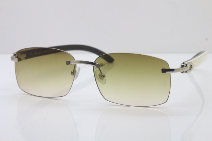 Cartier Rimless 8200759 Original White Inside Black Buffalo Horn Sunglasses in Gold Brown Lens