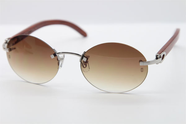 Cartier CT 5124018 18K Gold Rimless Carved Wood Trimming Lens Sun Glasses Wood Sunglasses in Gold Brown Lens Hot